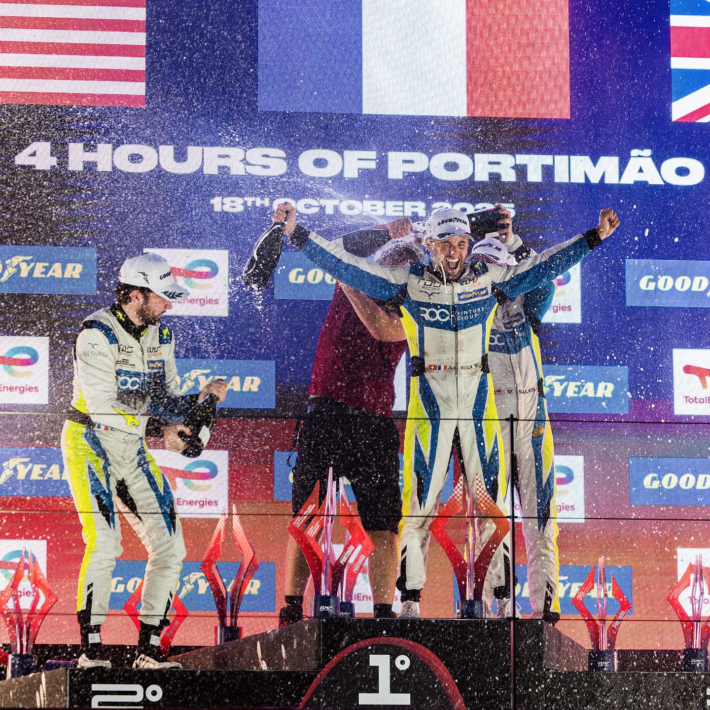 Mathias Beche celebrating on the Portimão podium in 2025