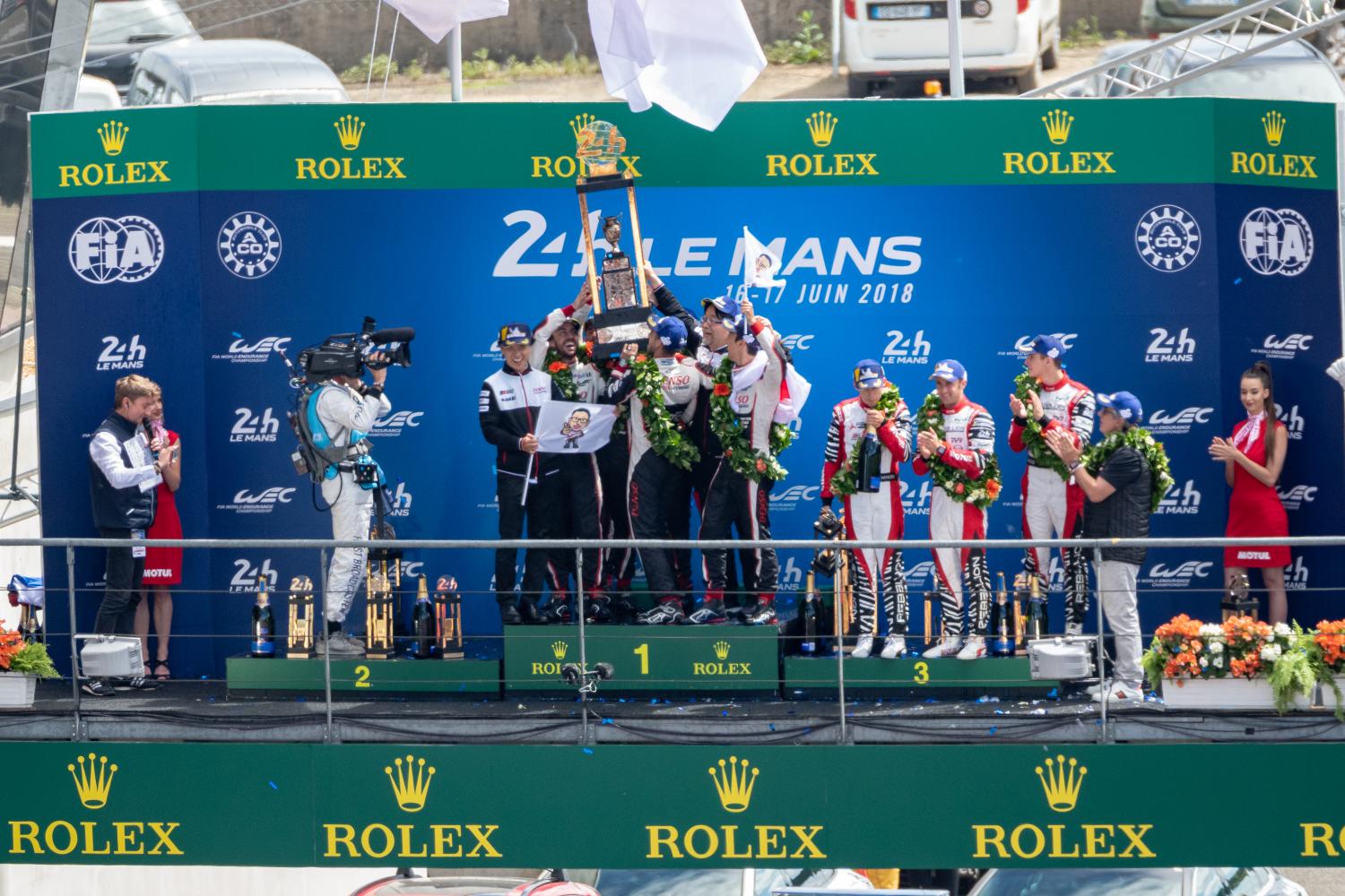 Mathias Beche, Thomas Laurent and Gustavo Menezes on the overall podium at the 2018 24 Hours of Le Mans
